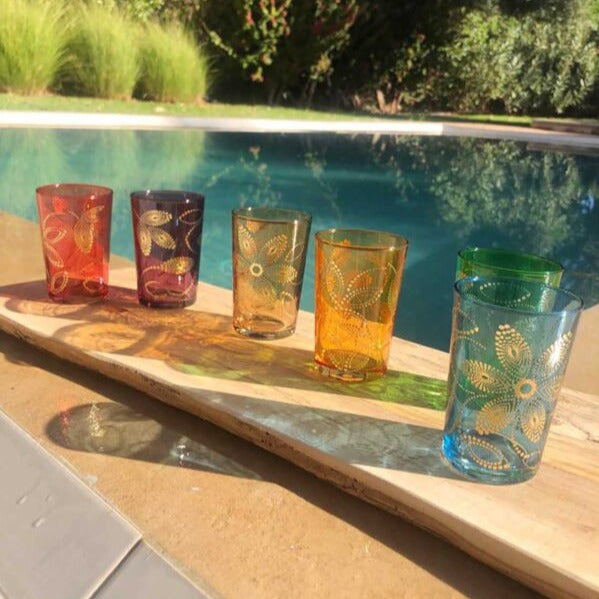 Tea Glasses Moroccan Colored Gold Flowers - (Set of 6)