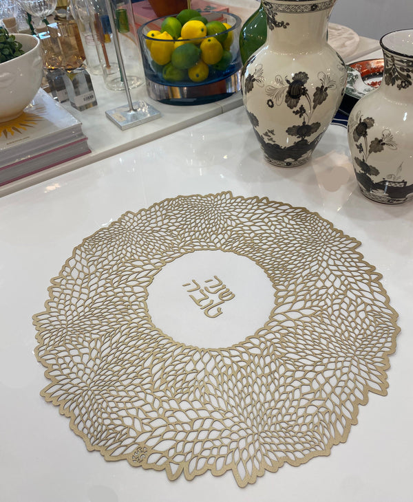 Blessing - Challah Cover Shana Tova Bloom Round Gold / White