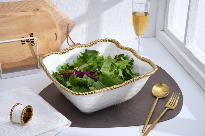 Salerno - White and Gold - Large Square Salad Bowl