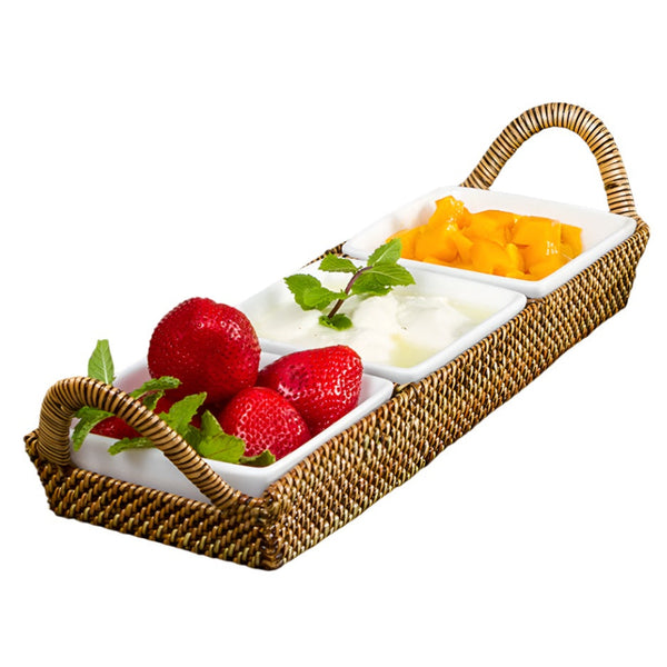 Rectangular Tray Sectional Server with 3 Sections & 3 Square Porcelain