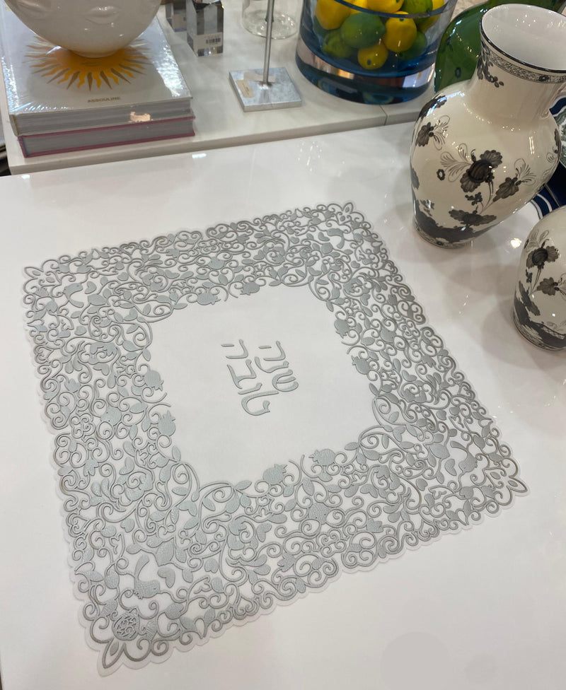 Garden of Abundance - Challah Cover Shana Tova Square Silver / White