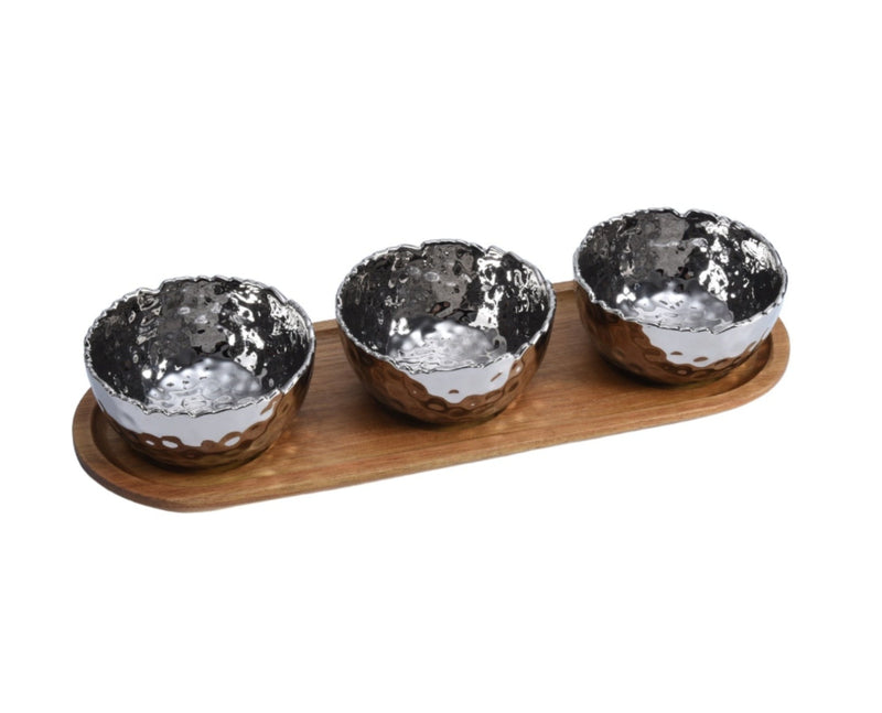 Millennium - Silver - Porcelain Bowls on Acacia Wood Tray (Set of 3)