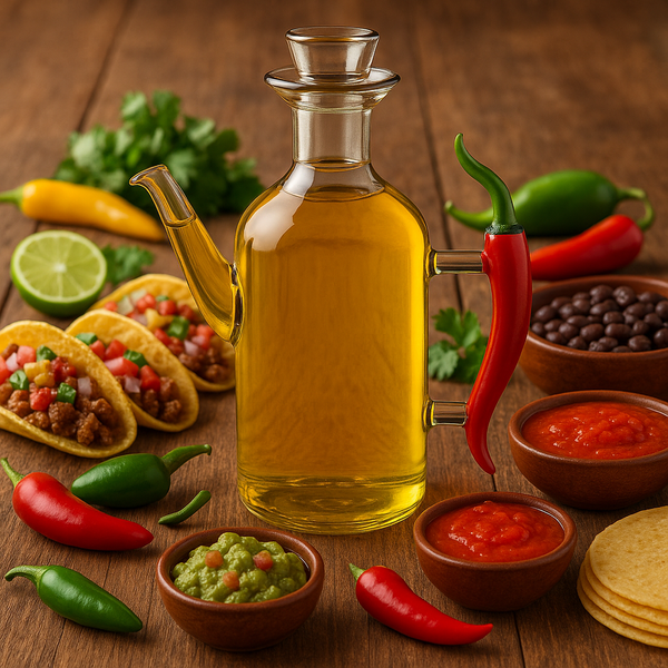 Big Oil Bottle con chiles mexicanos en mesa de madera