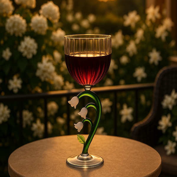 Botanica Optical Stemmed Glass con vino tinto en terraza con jardín