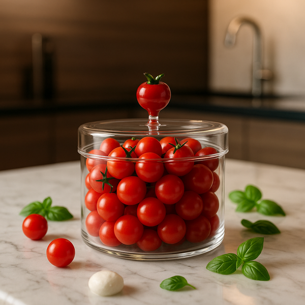 Caja decorativa de tomate con tomates cherry en cocina elegante