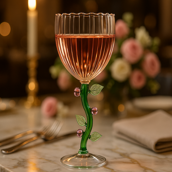 Copa Botanica original exacta con vino rosado y flores de fondo