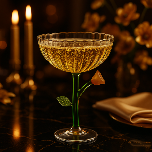 Copa de champagne Botanica con diseño ámbar en ambiente de lujo