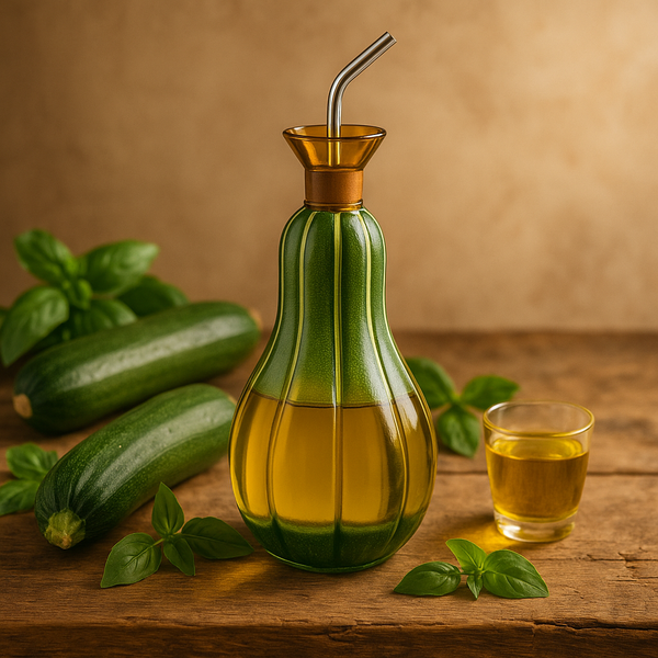Dispensador de aceite con base verde de calabacín en mesa rústica