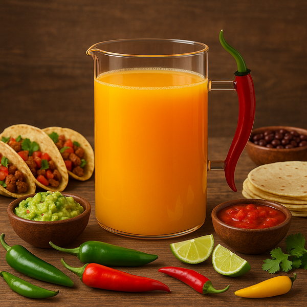 Jarra con jugo de naranja y comida mexicana - vista frontal