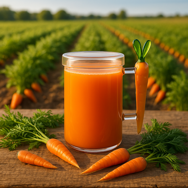Taza con tapa de zanahoria con jugo en campo de zanahorias