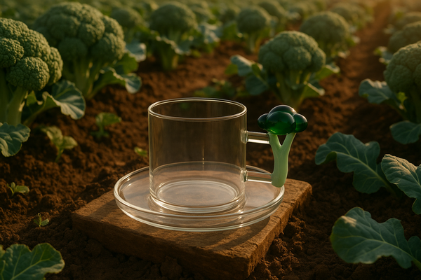 Taza de brócoli en campo de brócoli