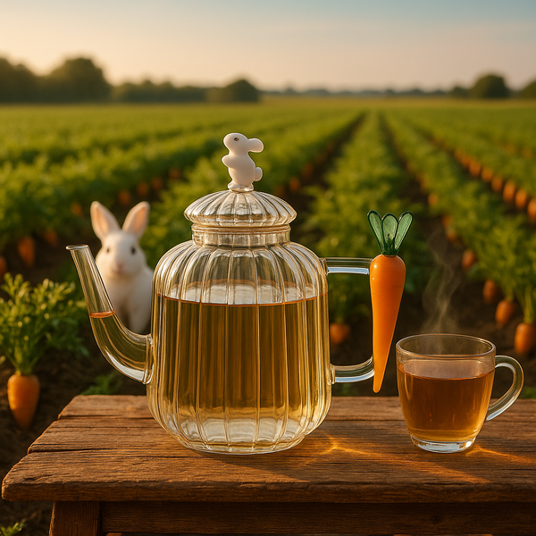 Tetera en campo de zanahorias con té y conejo blanco