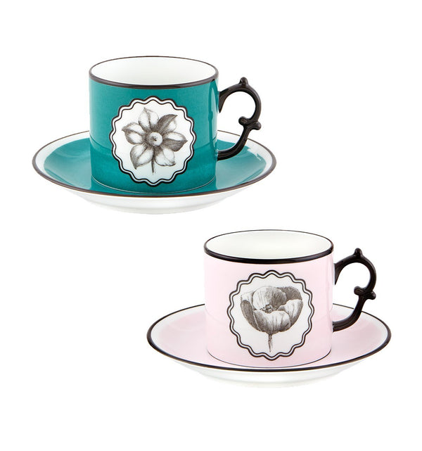 Herbariae - Set 2 Tea Cups And Saucer Pink And Peacock