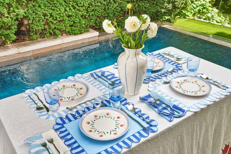 Jardin Embroidered Linen - Scalloped Stripe Placemats Blue (Set of 4)