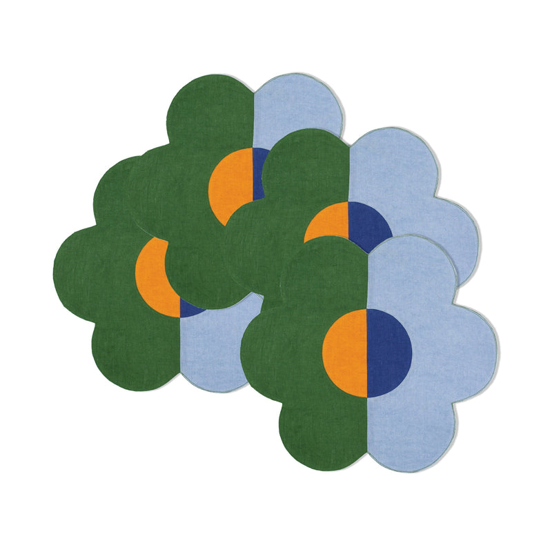 Floral Linen Patchwork - Placemats Green / Light Blue (Set of 4)