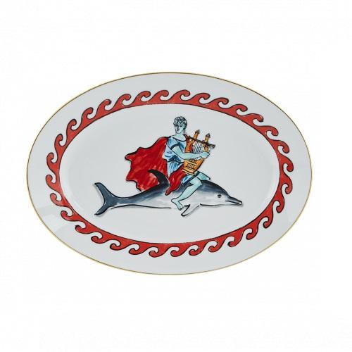 Neptune's Voyage - Oval flat platter dolphin white