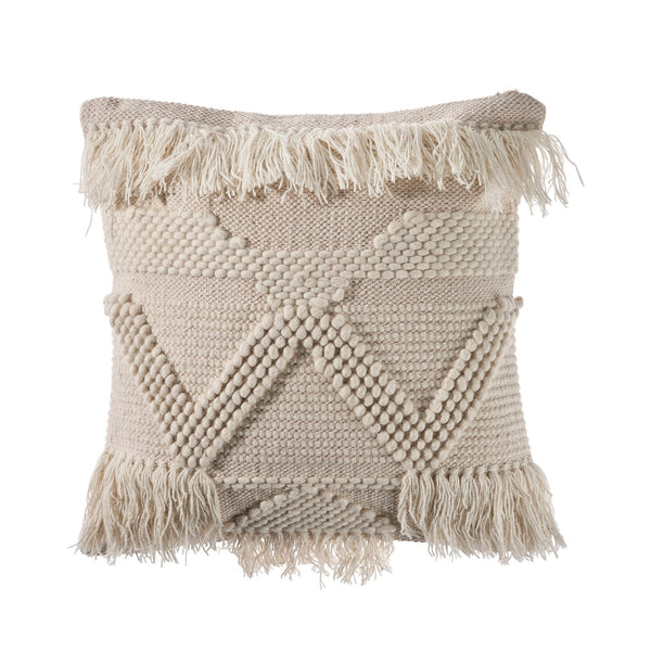 Textured and Fringe Ivory Throw Pillow  Square
