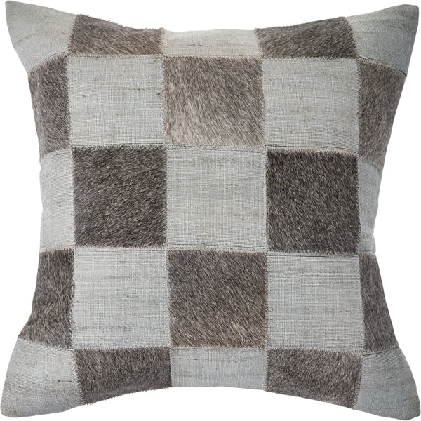 Silver and Brown Check Faux Leather Hide Throw Pillow  Square