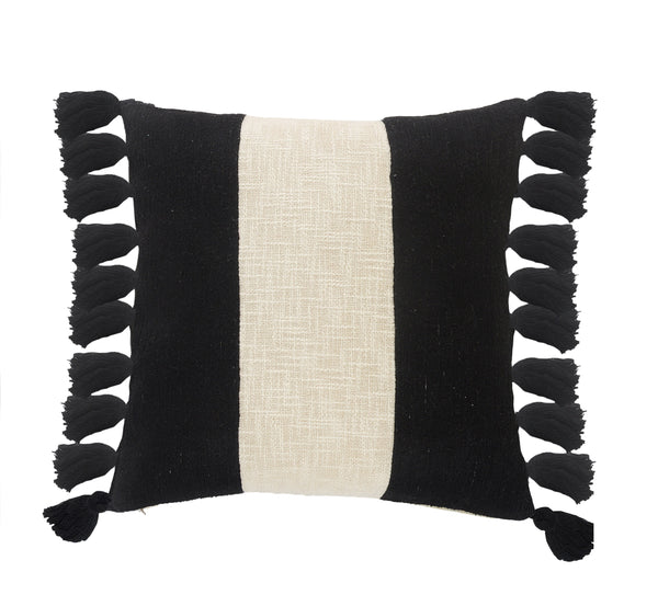 Tri Stripe Black and Ivory Fringe Pillow Square