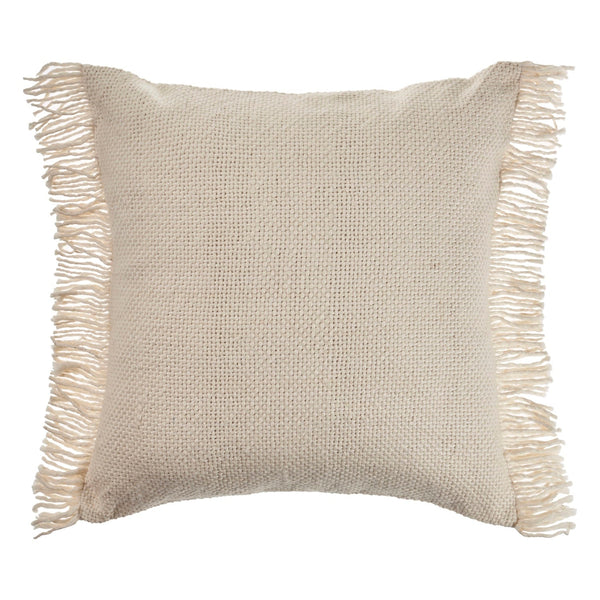Solid Ivory Woven Throw Pillow with Fringe Square