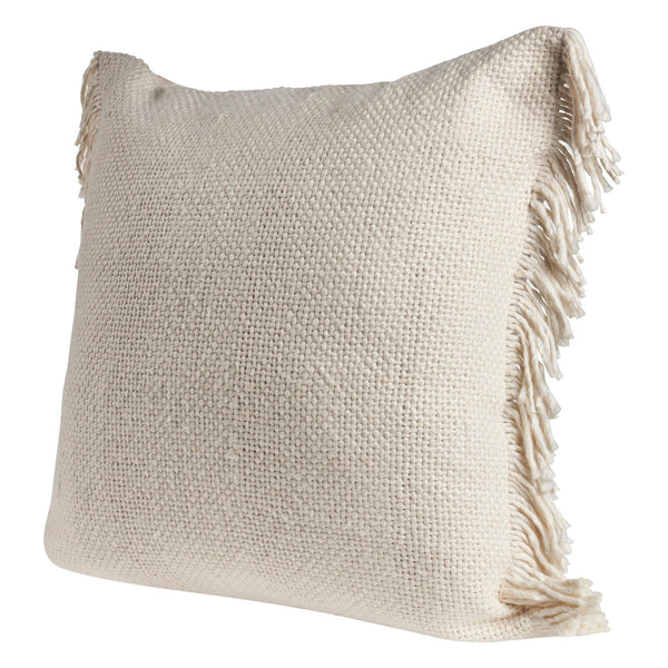 Solid Ivory Woven Throw Pillow with Fringe Square