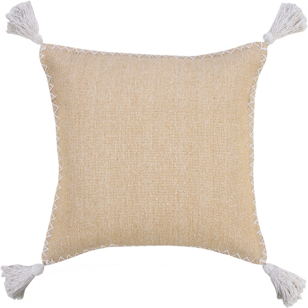 Solid Stonewash Boho Farmhouse Embroidered Edge Throw Pillow with Tassels Spicy Mustard