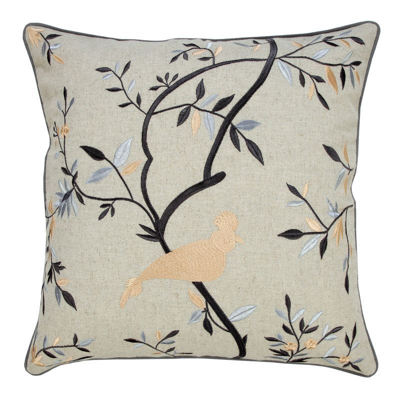 Embroidered Botanical Bird Traditional Throw Pillow Square