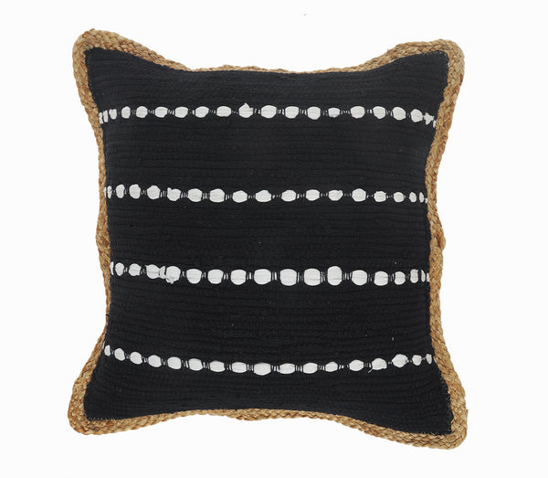 Black and White Striped Jute Bordered Throw Pillow Square